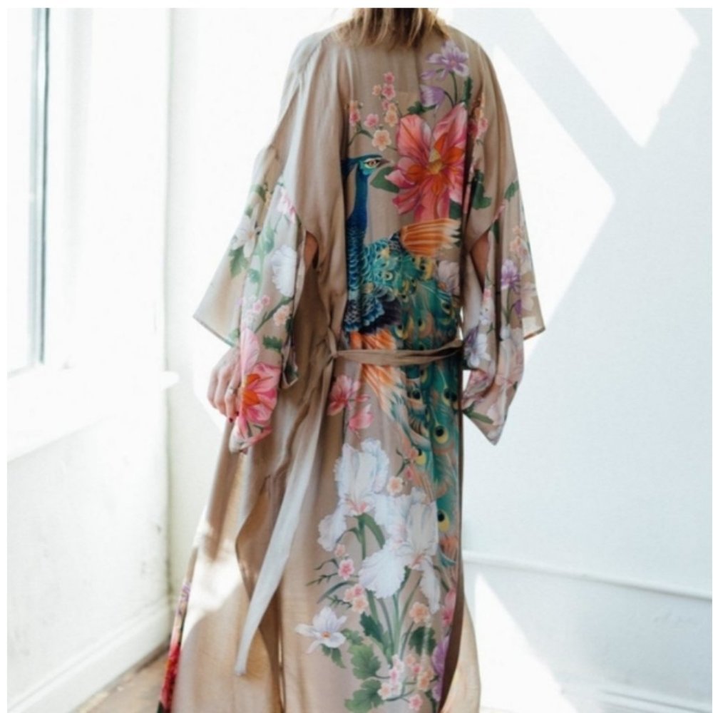 Boho Gypsy Tan Floral Peacock Kimono Cover up Duster - Picture 3 of 8